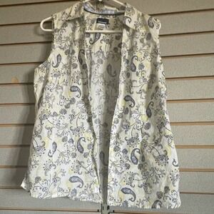 Basic Editions Women's Large White Yellow Blue Paisley Sleeveless Button Shirt L